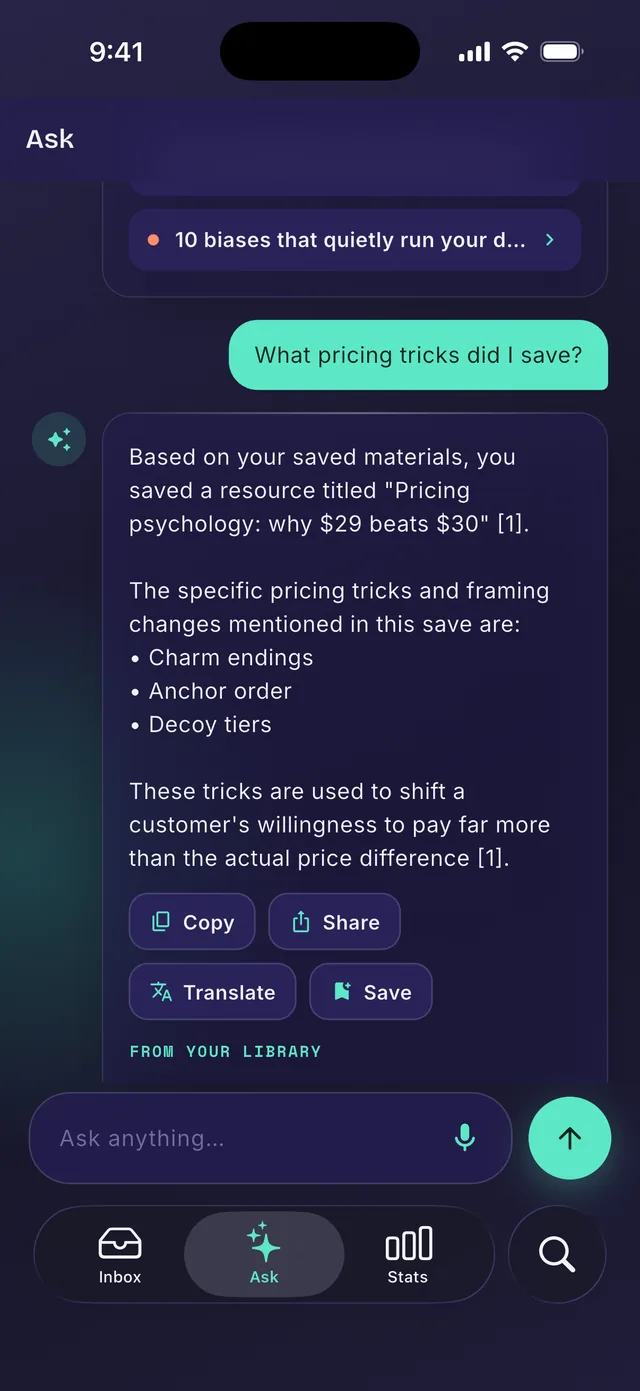 Inboxy app — asking your saved library a question and getting a cited answer