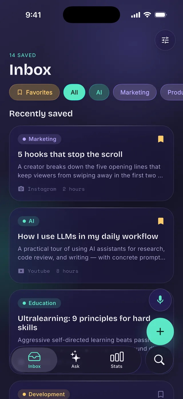 Inboxy app — inbox of recently saved items, distilled and categorized