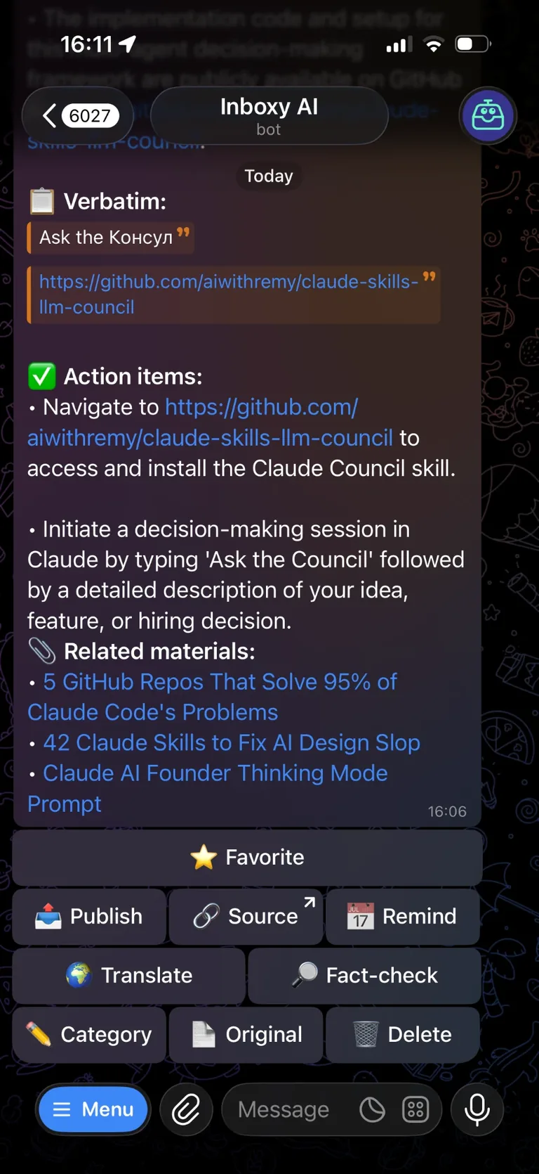Real Inboxy bot reply in Telegram: extracted action items, related materials and one-tap actions